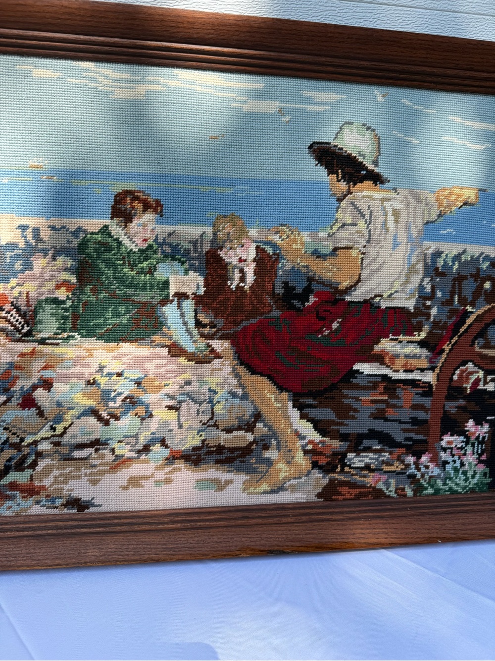 Vintage Framed Beach Scene Needlepoint Wall Art - Multicolor